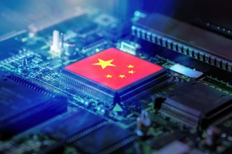 China flag on a CPU processor. Chinese Chip manufacturer concept, GPU microchip on a motherboard.