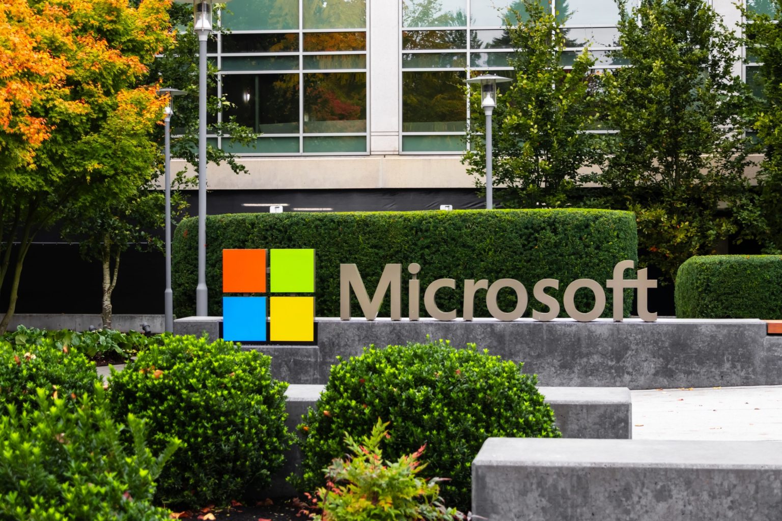 Microsoft sign at Visitor center in the headquarters is located in Redmond, Washington
