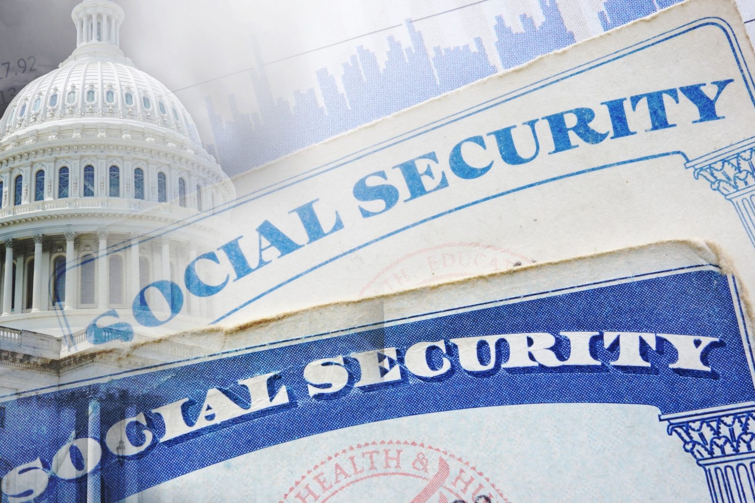 Social Security cards and US Capitol dome with payment chart
