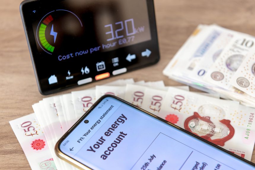 A energy use and cost concept with a digital bill on a mobile phone, a smart energy meter and bank notes.