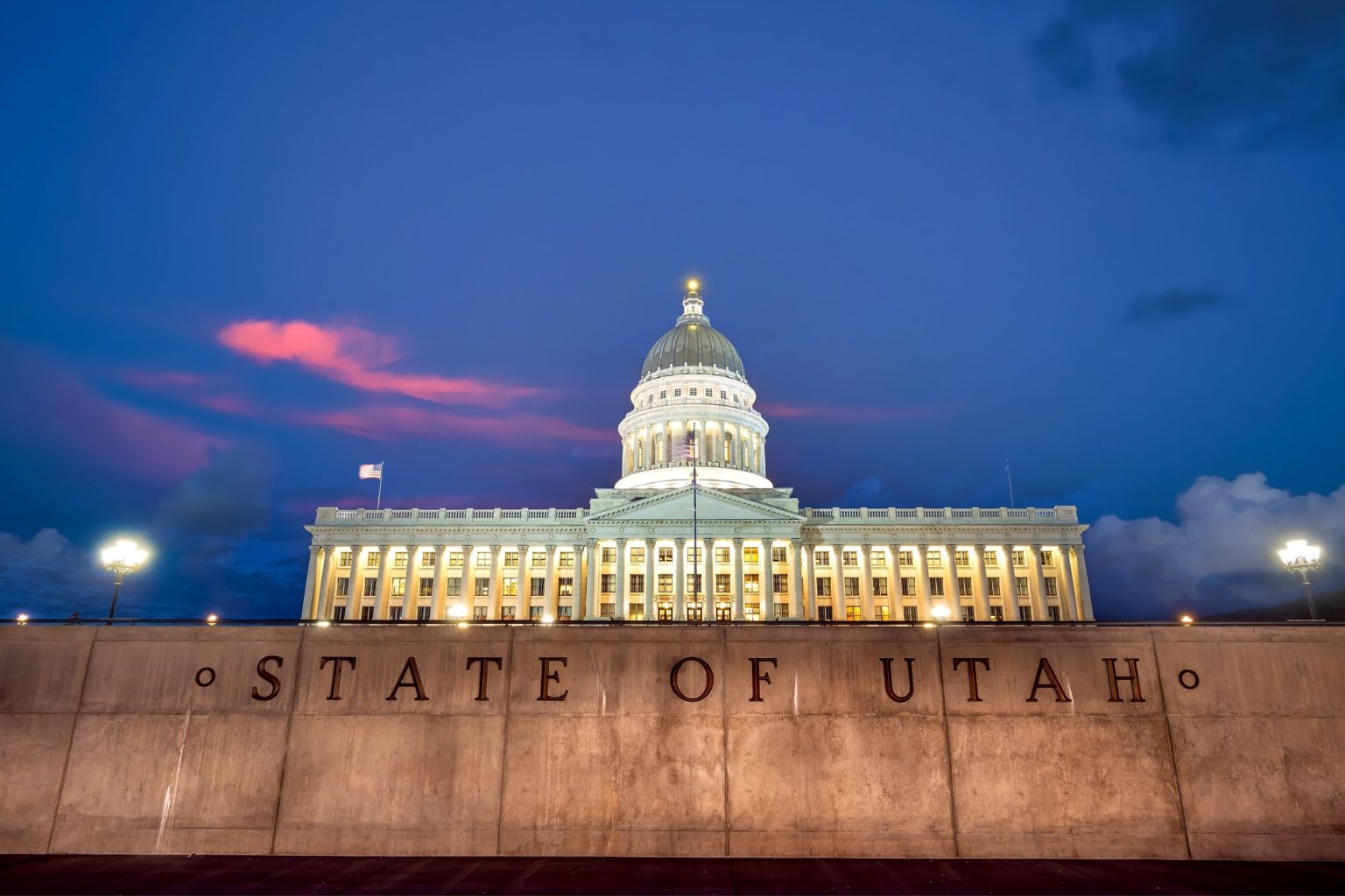 Utah State Capitol building in Salt Lake City in Utah USA at sunset.