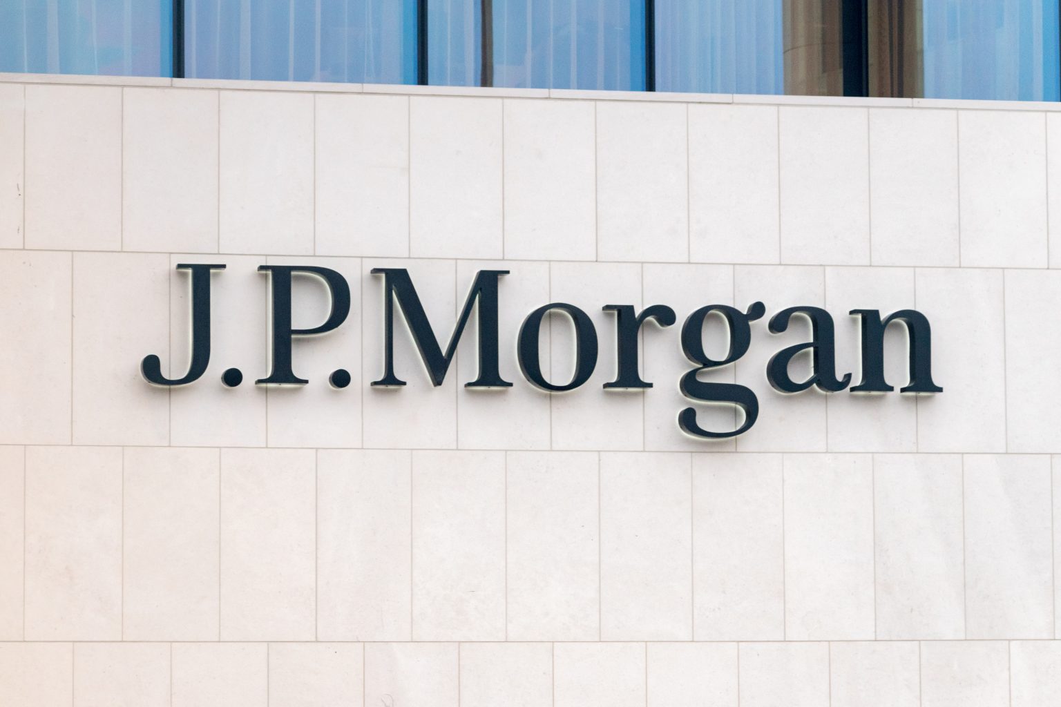 J.P. Morgan Sign in Corporate Building.