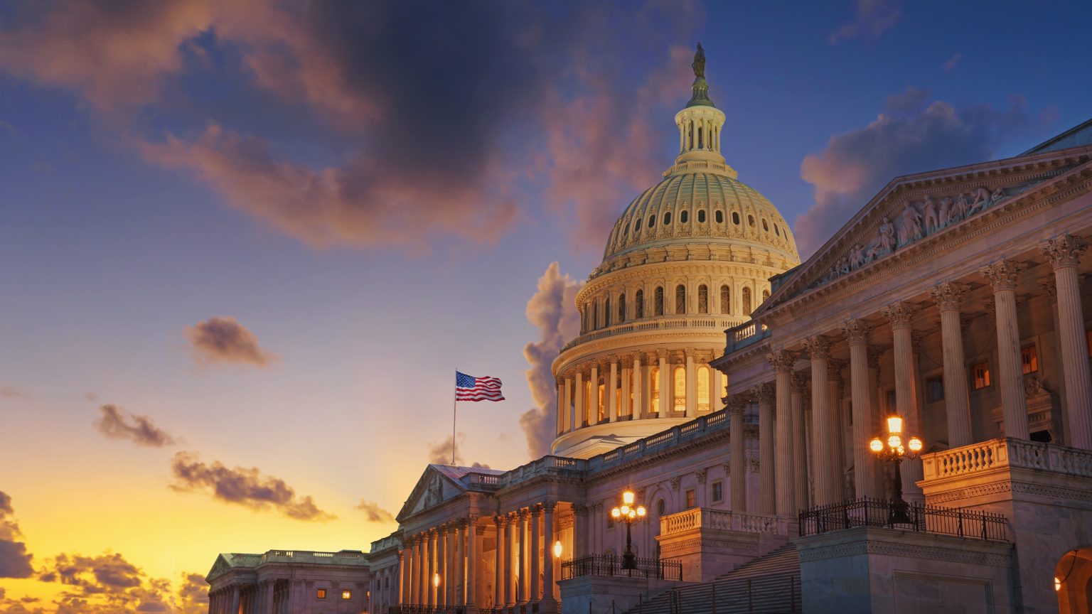 Congress Building seen from the side at sunset.