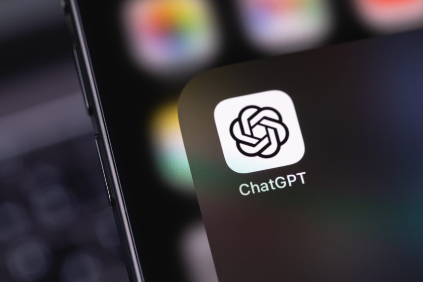 Close up of a phone screen showing the ChatGPT logo. ChatGPT is the main product developed by OpenAI.
