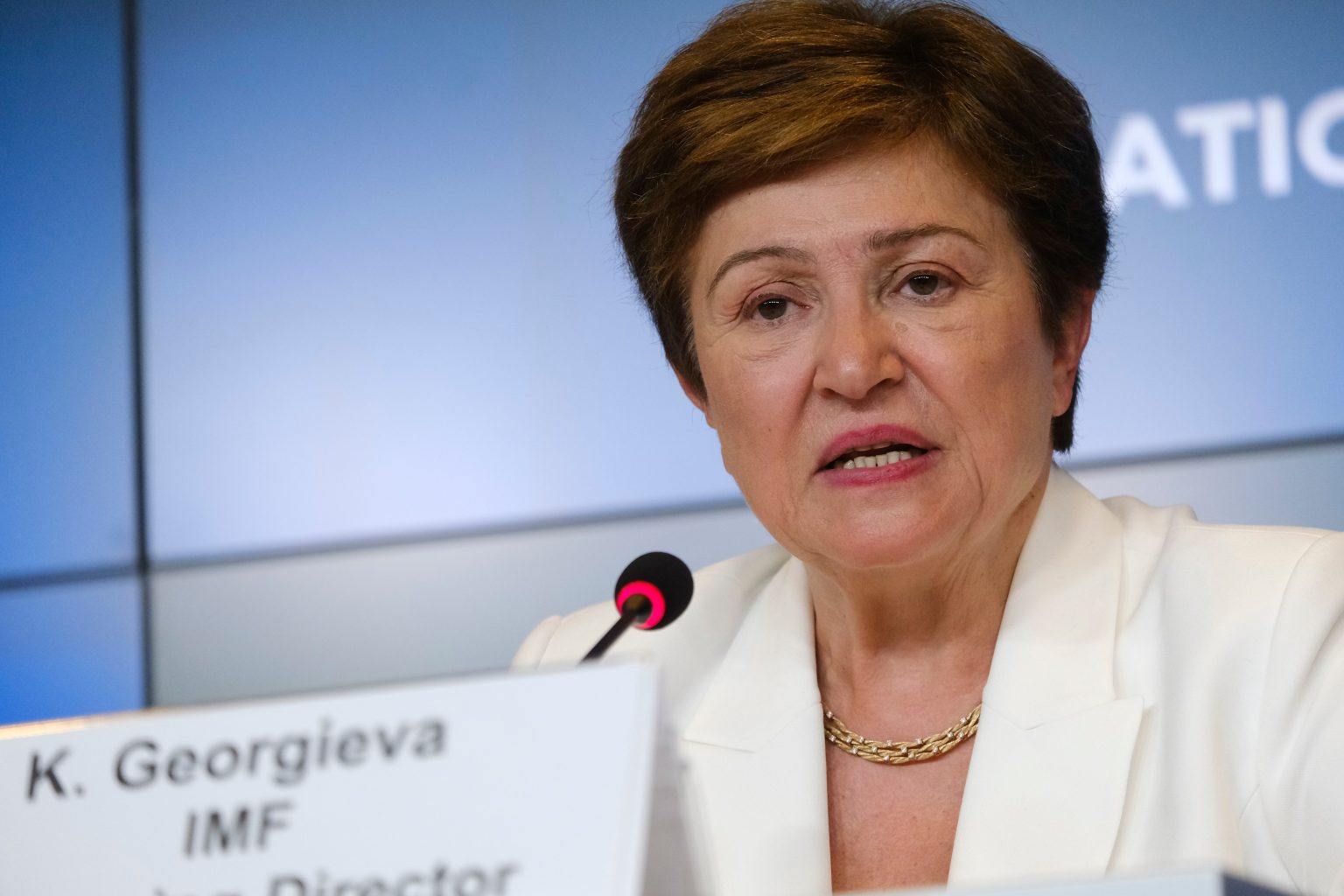 Kristalina Georgieva, managing director of the International Monetary Fund (IMF), speaks at a press conference following a Eurogroup meeting in Luxembourg, on Thursday, June 20, 2024.