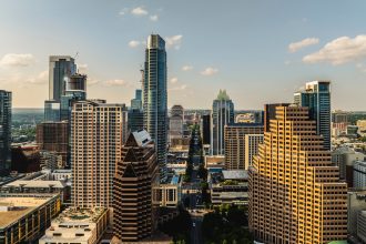 The Austin Texas skyline in the late afternoon.