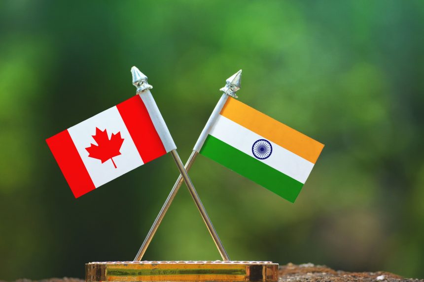 India and Canada small flag with blur green background