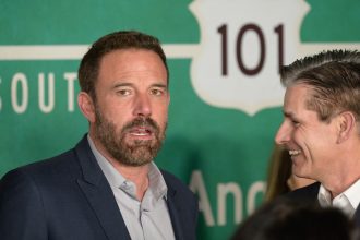 LOS ANGELES, USA. February 10, 2026: Ben Affleck and Mike Hopkins at the premiere for "Crime 101" at the United Theatre.