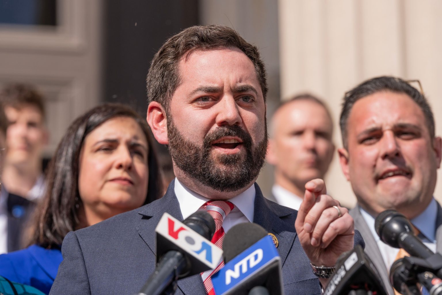 US Representative Mike Lawler speaks during a press briefing at Columbia University in New York.