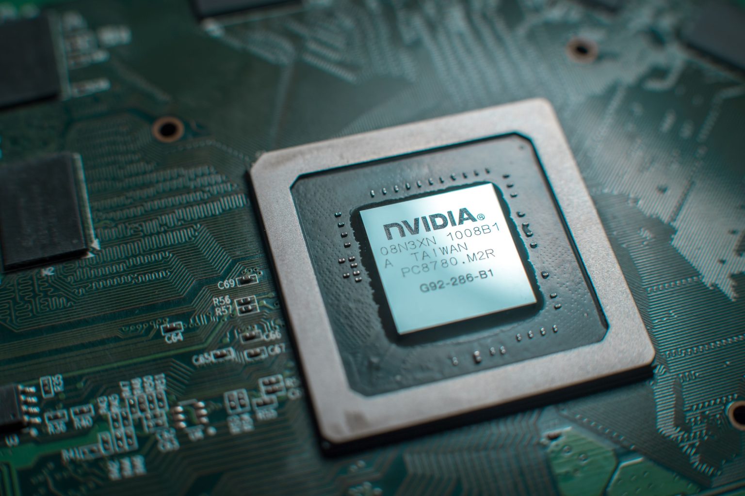 Minsk, Belarus, 2018. Nvidia geforce graphic chip close up.