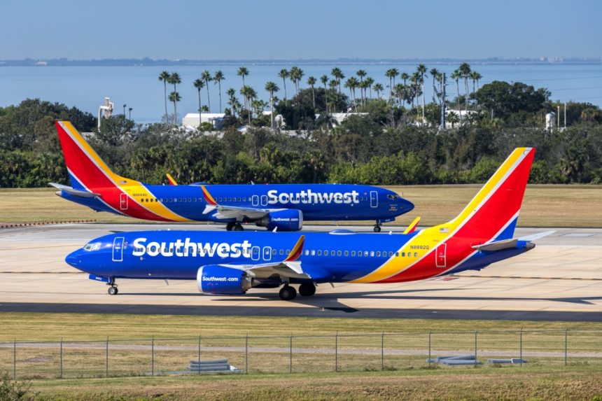 Southwest Airlines Boeing 737 MAX 8 airplanes at Tampa airport in the United States.