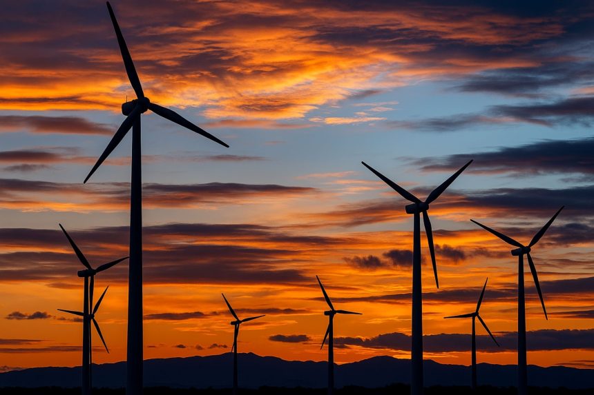 Renewable energy site in Zaragoza, Spain, at golden hour, renewable energy and environmental sustainability.